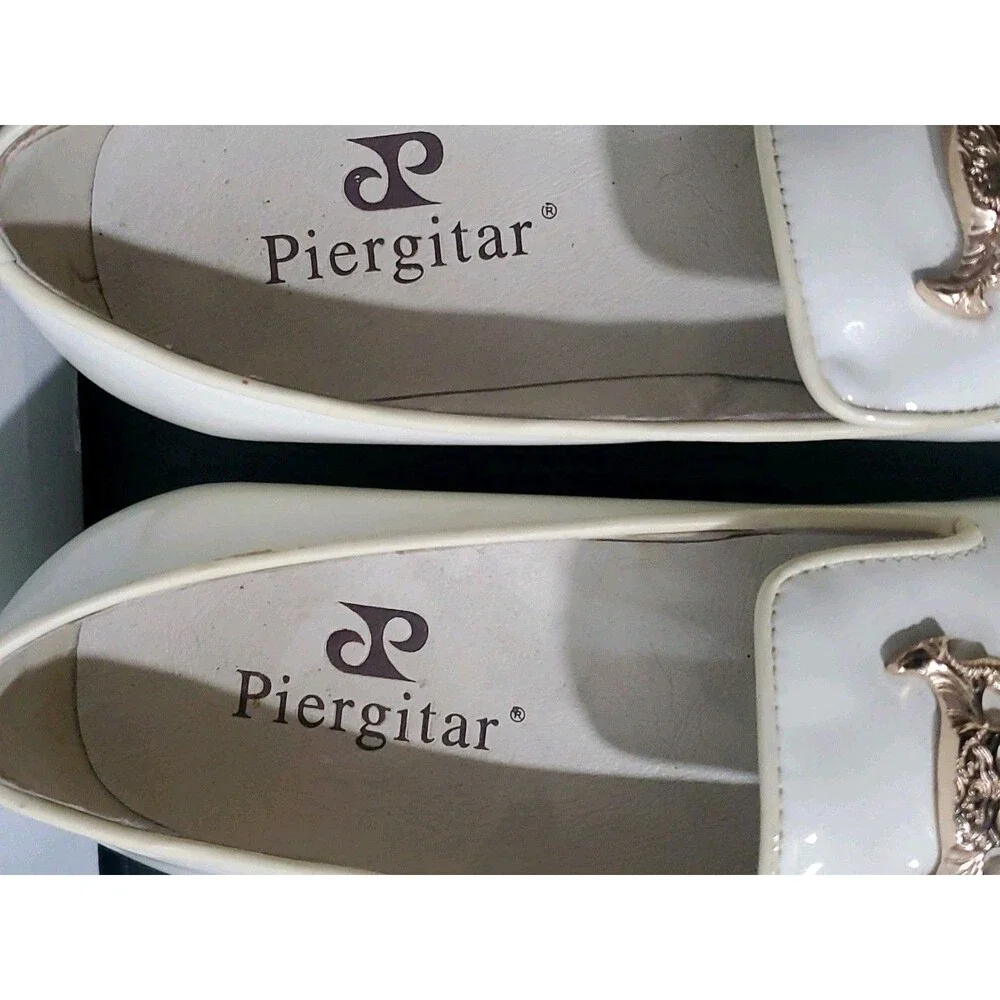 Piergitar 8.5 White/Cream Skull Gold Accents Men's Dress Shoes Patent Leather